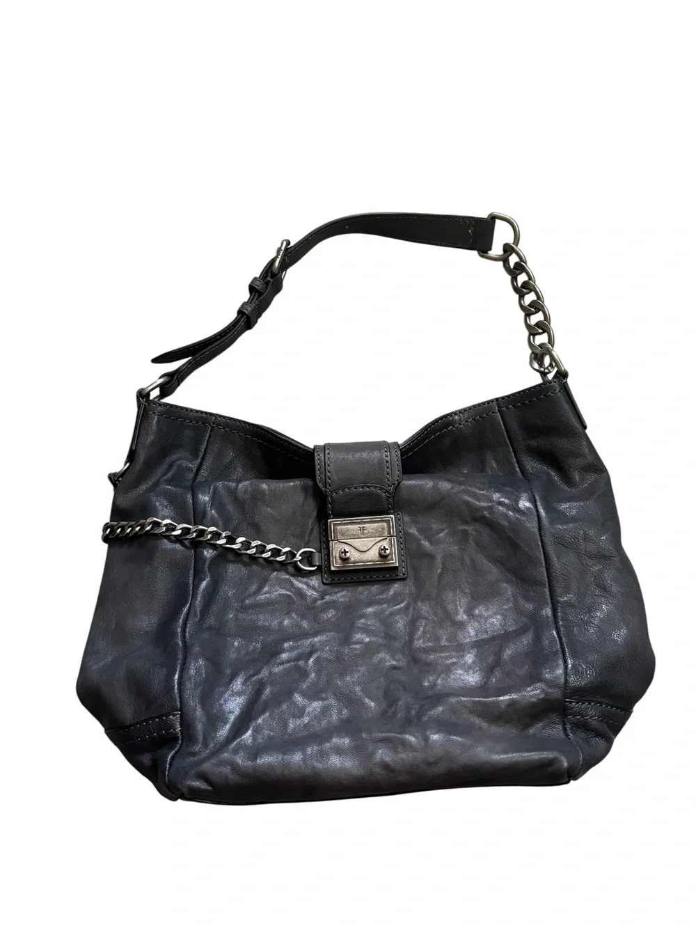 Frye Leather Ella Bucket Hobo Shoulder Bag Purse Pocketbook Carbon Grey Chain
